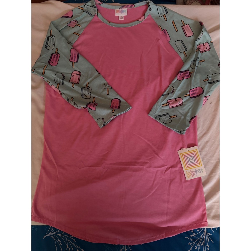 LuLaRoe Randy T-Shirt Medium Pink Blue Popsicle Print Raglan Baseball Tee NWT